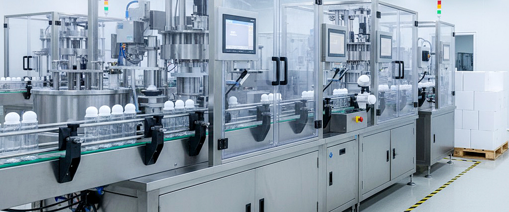 Automatisierte Produktionslinie aus Edelstahl, die weiße Kunststoffbehälter über ein Förderband durch mehrere Stationen führt